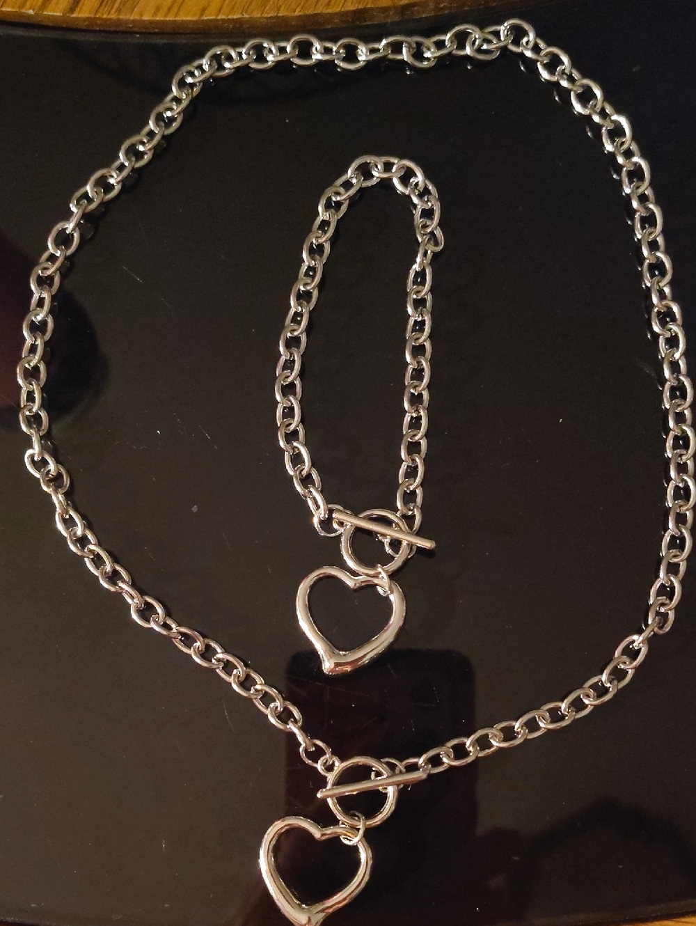 Fashion Jewelry Silver Heart Toggle Necklace and Bracelet Set